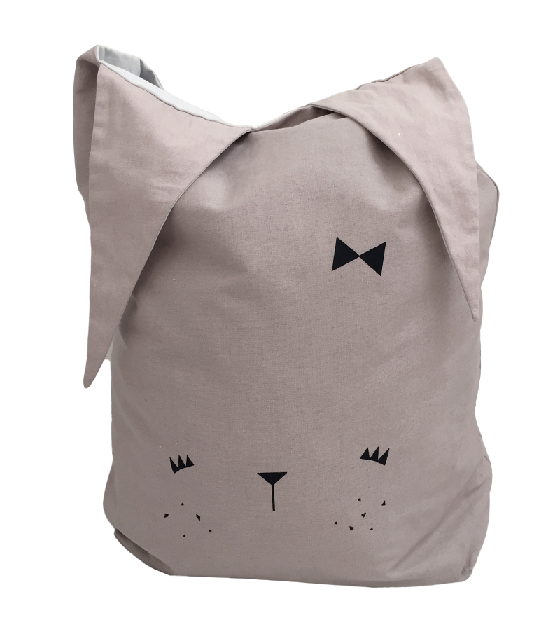 Cat themed toy storage canvas bag large in size, grey in colour with black eye and nose features