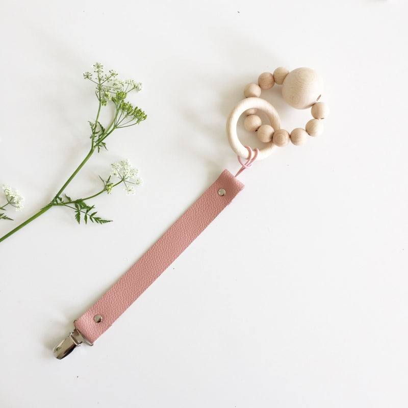 Leather Pacifier Clip - Blush with Pink Cord - Mini Village