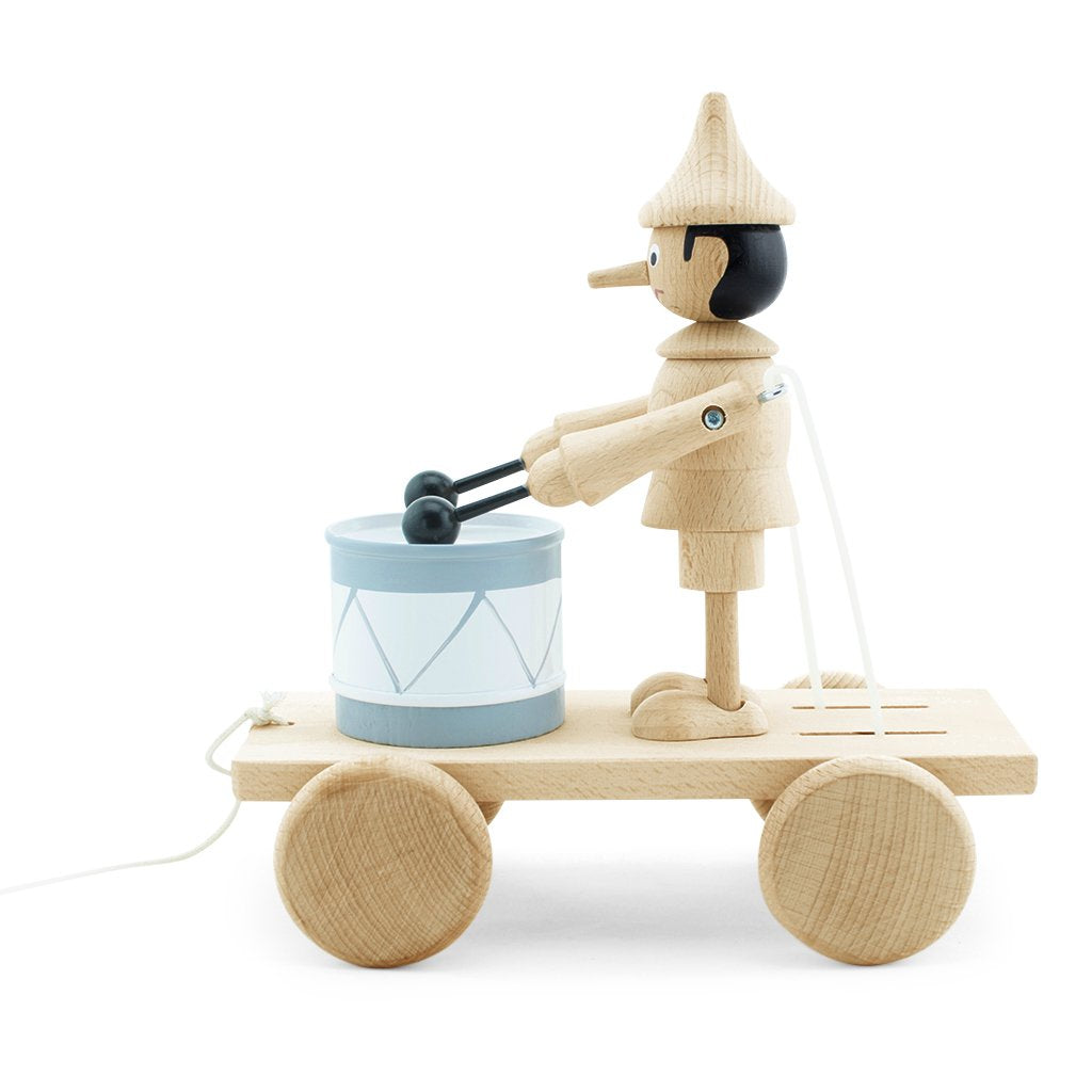 Wooden Pull Along Pinocchio With Drum - Natural | Mini Village